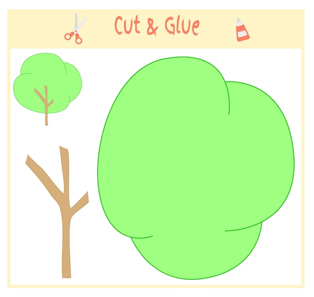 Education paper game for the development of preschool children. Cut parts of the image and glue on the paper. Vector illustration. Use scissors and glue to create the applique. Green tree.