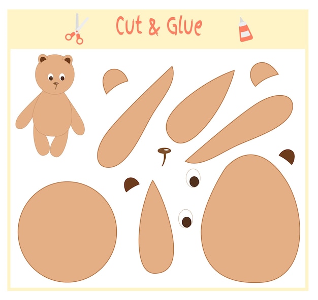 Education paper game for the development of preschool children. Cut parts of the image and glue on the paper. Vector illustration. Use scissors and glue to create the applique. Teddy bear.