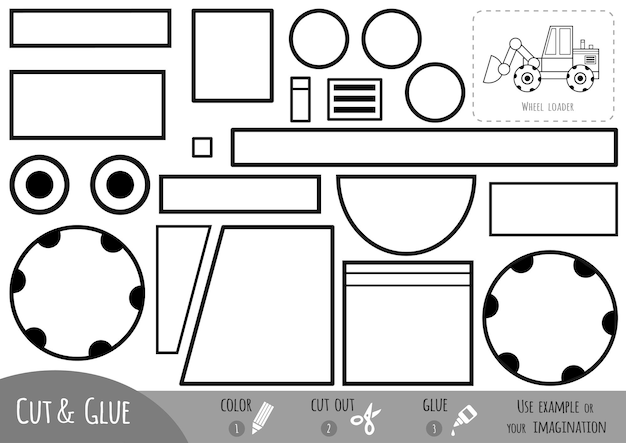 Vector education paper game wheel loader use scissors and glue to create the image