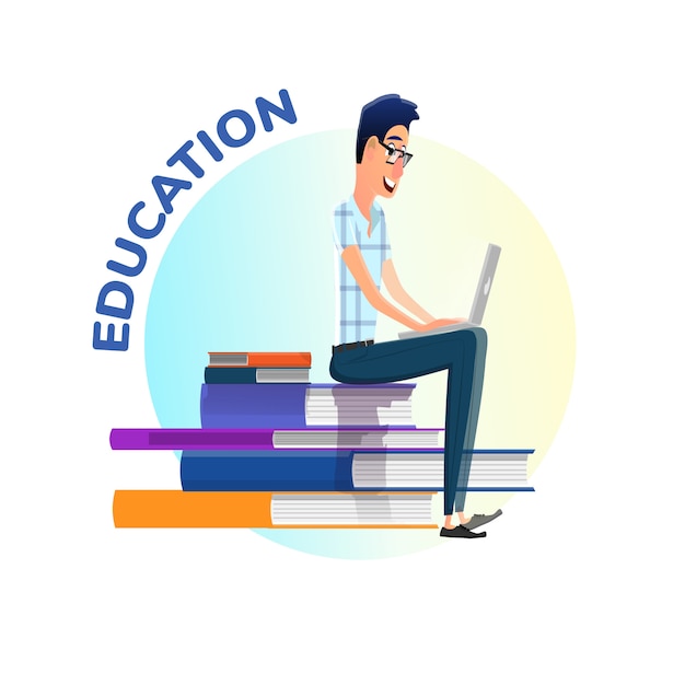 Education Poster with Student Studying on Laptop