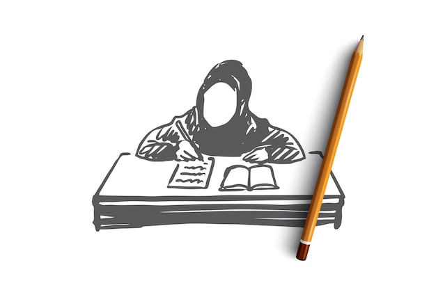 Education, school, learning, muslim, arab, child concept. Hand drawn muslim girl learning with book concept sketch. 