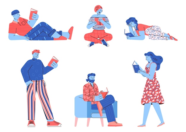 Education set of people characters reading books illustration