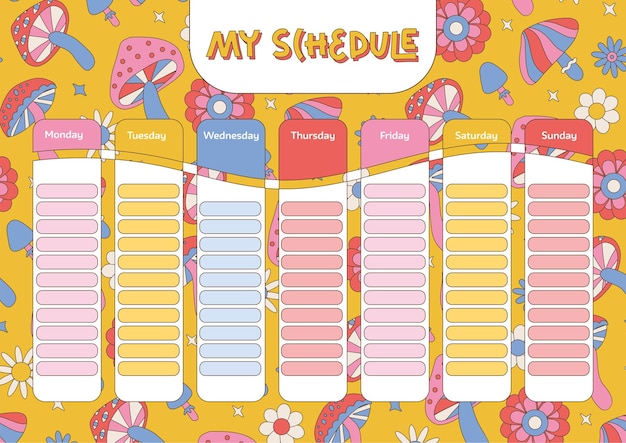 Education timetable schedule vintage s magic mushrooms in hippie style weekly school timetable study