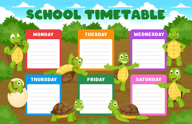 Education timetable schedule with cartoon turtles