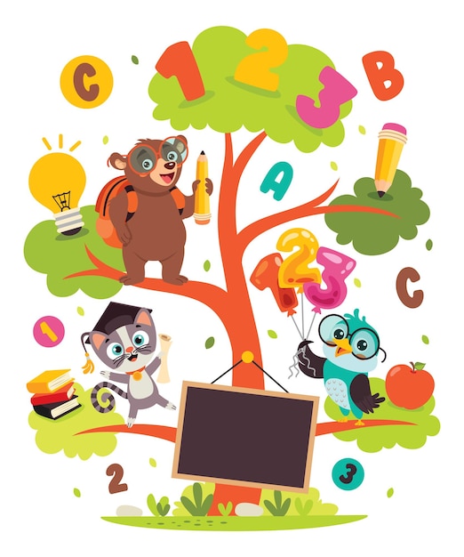 Education Tree With Cartoon Animals