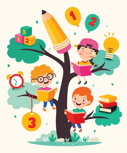 Education Tree With Cartoon Kids