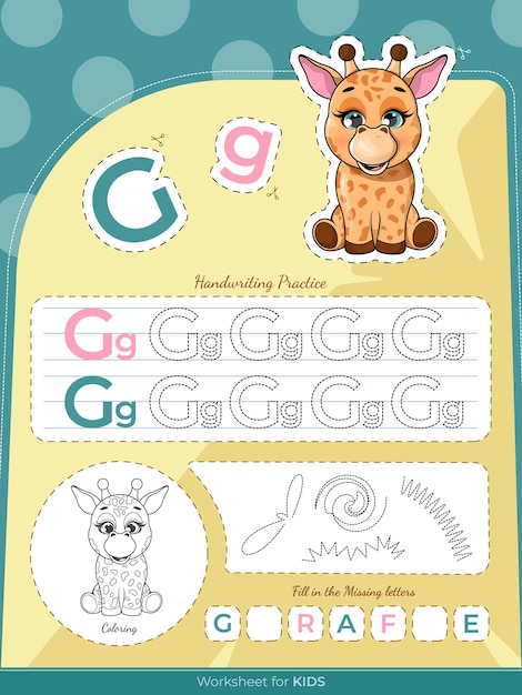 The education worksheet for kids with a giraffe and letters