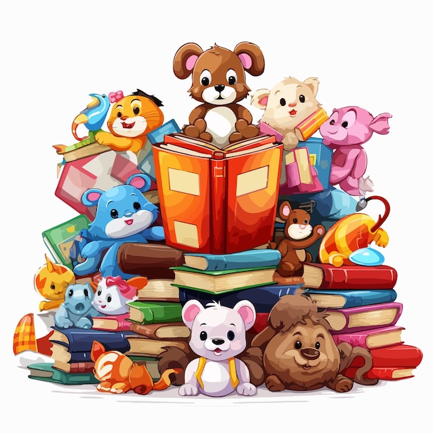 Educational Book Cover Design with Diverse Toys on White Background