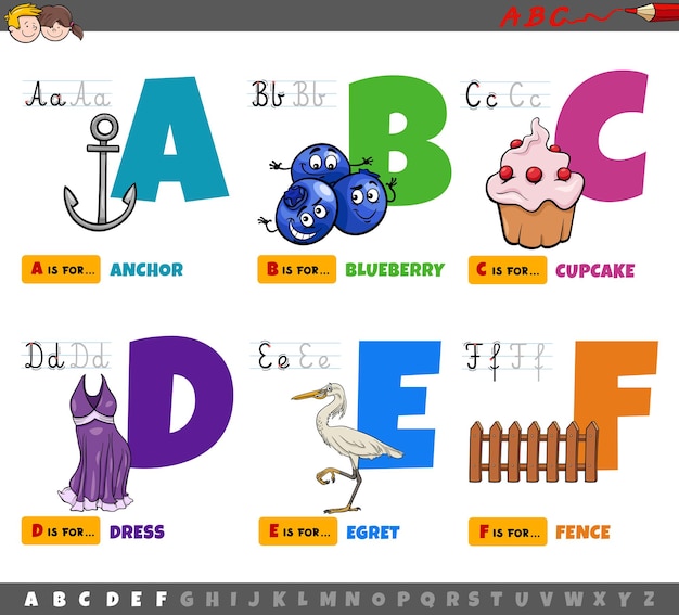 educational cartoon alphabet letters for children from A to F