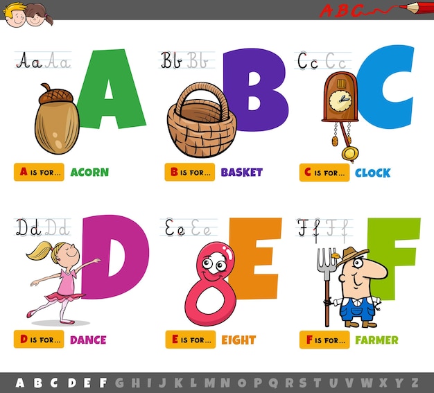 educational cartoon alphabet letters for children from A to F