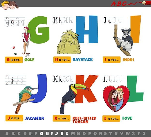 Educational cartoon alphabet letters for children from G to L