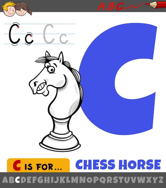 Educational cartoon illustration of letter C from alphabet with chess horse character