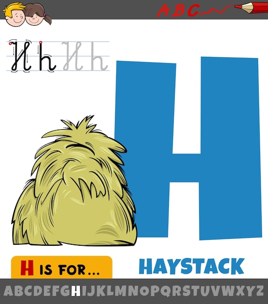 Vector educational cartoon illustration of letter h from alphabet with haystack