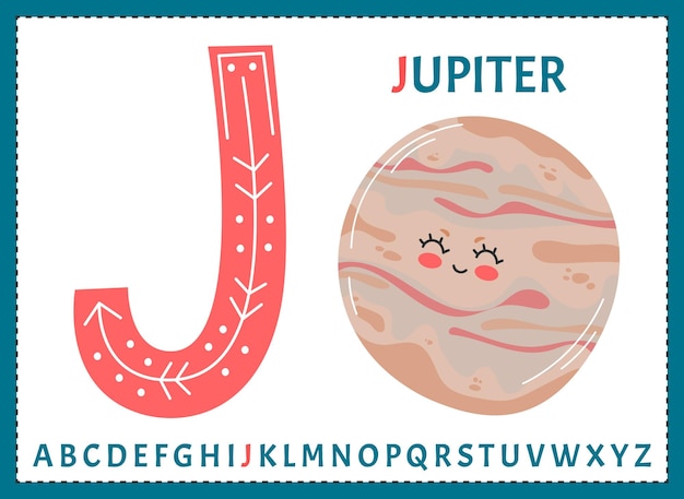 Educational cartoon illustration of letter J from alphabet with Jupiter planet character