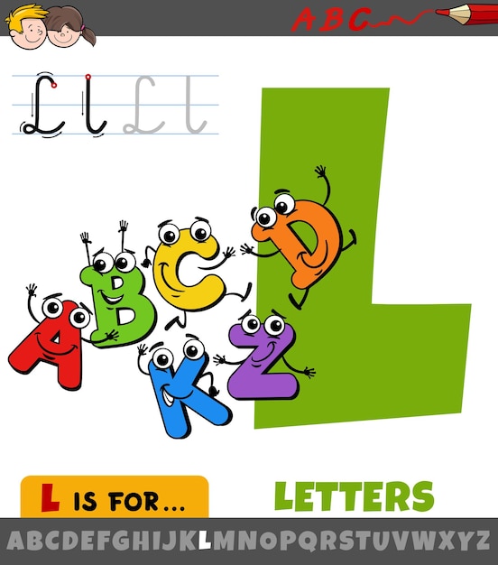 Educational cartoon illustration of letter L from alphabet with funny letters character