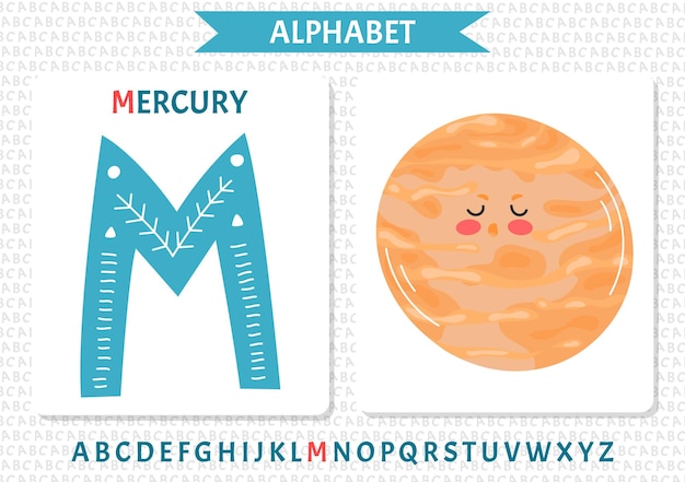 Educational cartoon illustration of letter M from alphabet with Mercury planet character