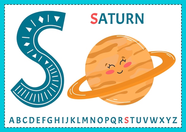 Educational cartoon illustration of letter S from alphabet with Saturn planet character