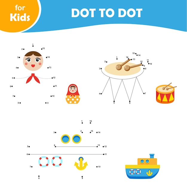 Educational children's game Dot by dot Set of three elements doll drum ship