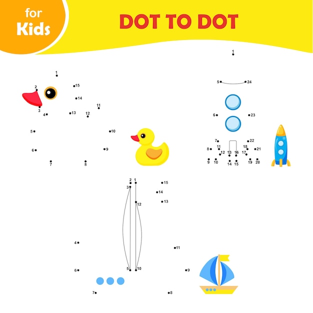 Educational children's game Dot by dot Set of three elements duck rocket boat