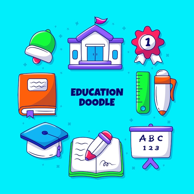 Educational clipart element set with colored hand drawn doodle style