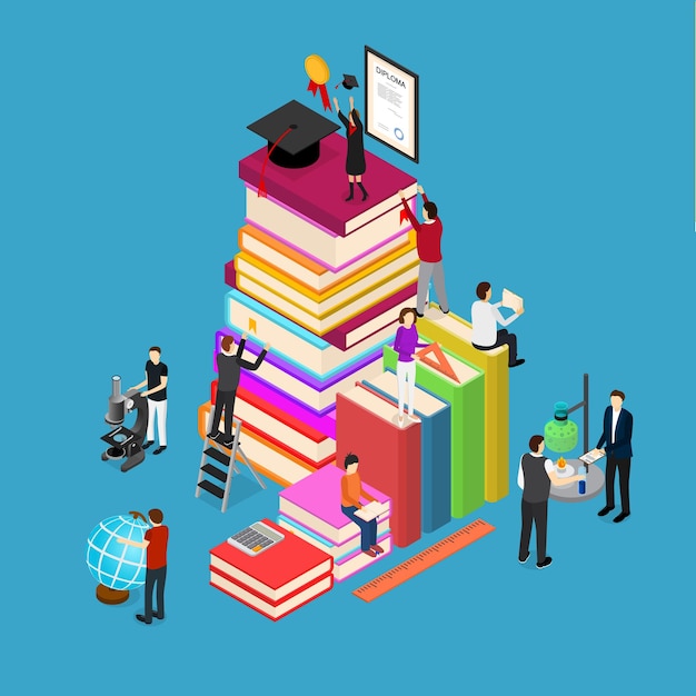 Educational Concept Isometric View with a Stack of Books and People for Design Presentations and Advertising Vector illustration