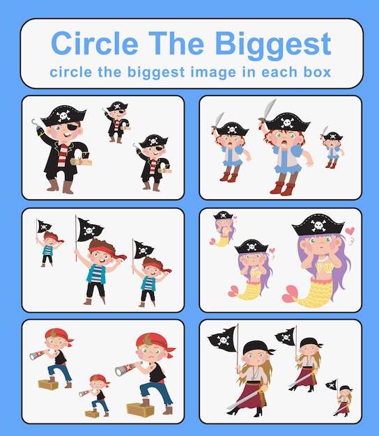 Educational game for children Circle the biggest object in each box Printable activity page