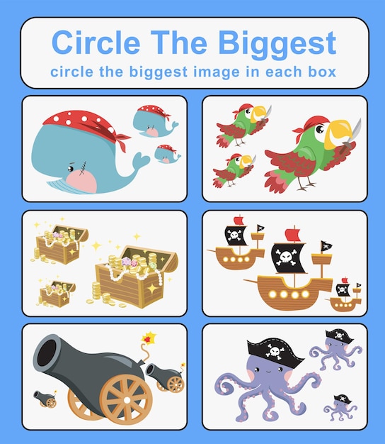 Educational game for children Circle the biggest object in each box Printable activity page