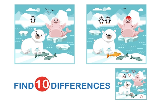 Educational game for children Find differences Cute arctic animals in winter