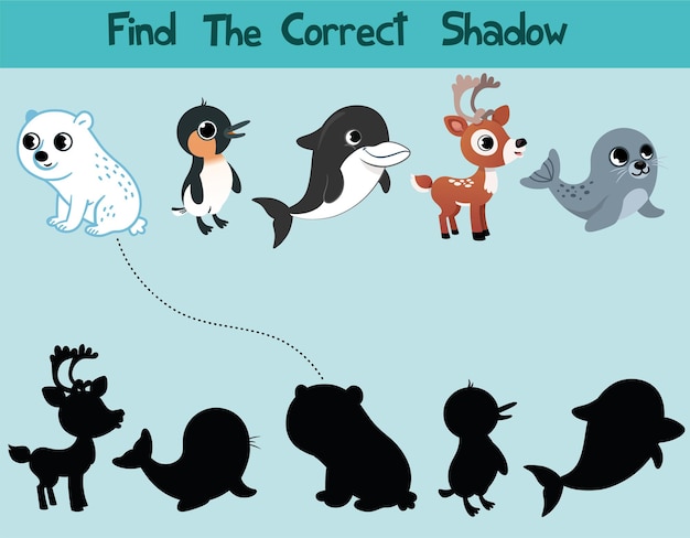 Educational game for children Find the right shadow Kids activity with arctic animals