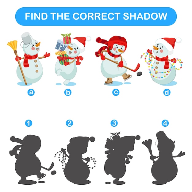 Educational game for children find the shadow Choose the right shadow for the snowman