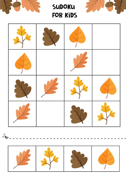 Educational game for children. Sudoku for kids. Autumn worksheet. Set of cute autumn leaves.