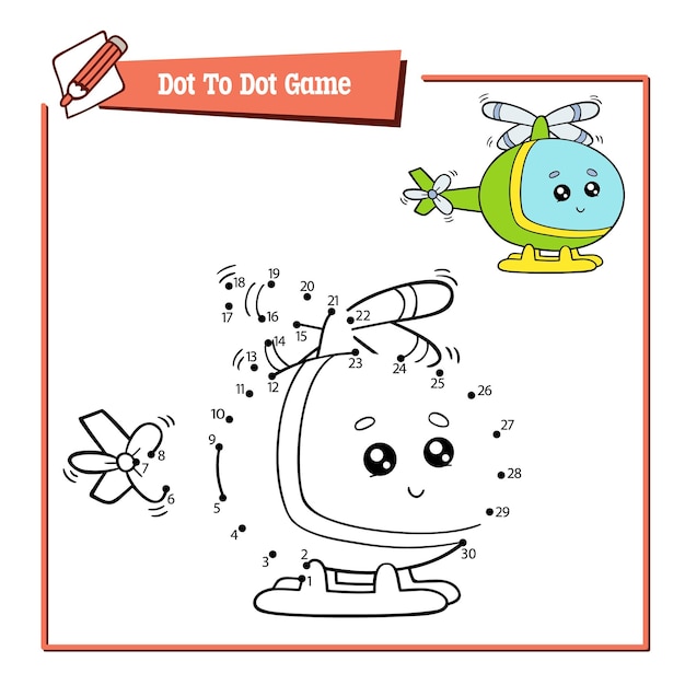 educational game illustration of dot to dot puzzle with cute cartoon helicopter