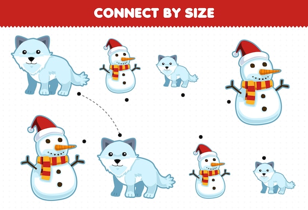 Educational game for kids connect by the size of cute cartoon arctic fox and snowman printable winter worksheet