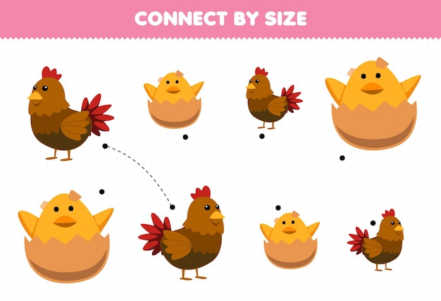 Educational game for kids connect by the size of cute cartoon chicken and chick printable farm worksheet