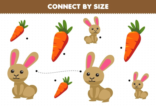 Educational game for kids connect by the size of cute cartoon rabbit and carrot printable farm worksheet