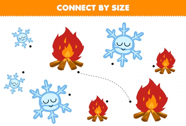 Educational game for kids connect by the size of cute cartoon snowflake and bonfire printable winter worksheet