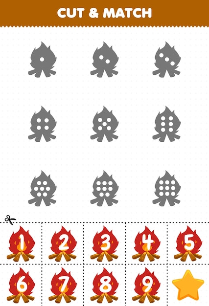 Educational game for kids count the dots on each silhouette and match them with the correct numbered bonfire printable winter worksheet