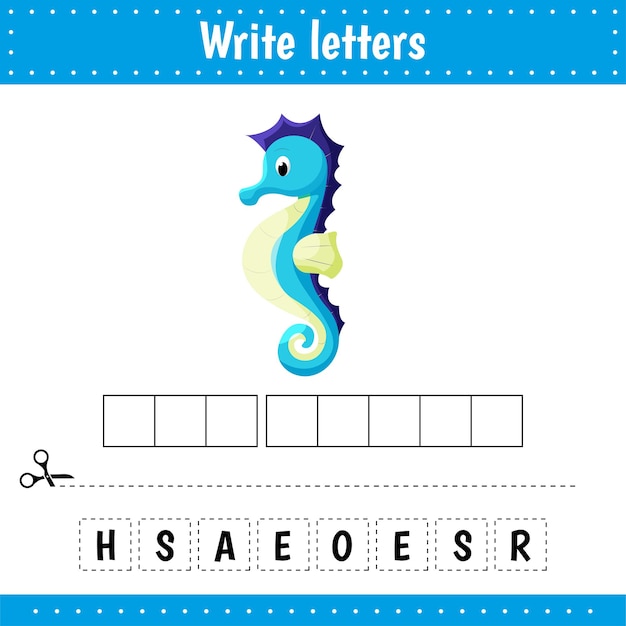 Educational game for kids Crossword sea horse Guess the word Education developing worksheet Learning game for kids