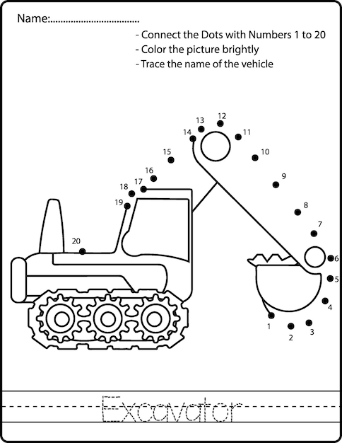 Educational game for kids Dot to dot game for children Cartoon construction equipment