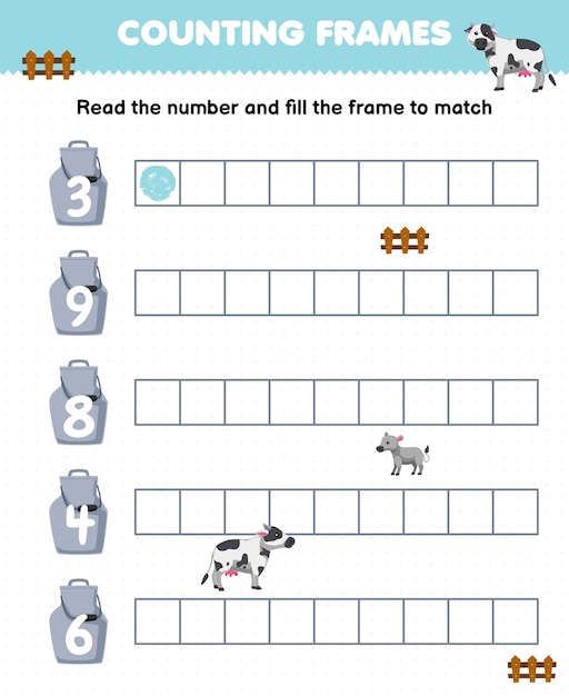 Educational game for kids read the number and fill the frames of cute cartoon cow milk container printable farm worksheet