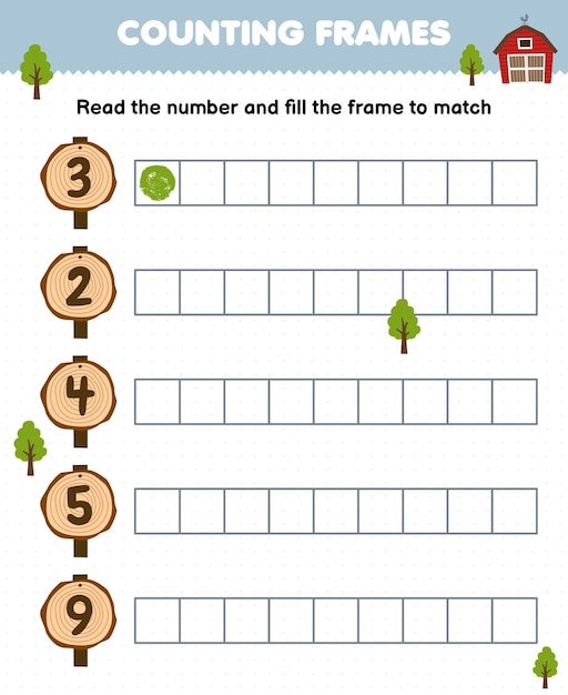 Educational game for kids read the number and fill the frames of cute cartoon wooden log sign printable farm worksheet