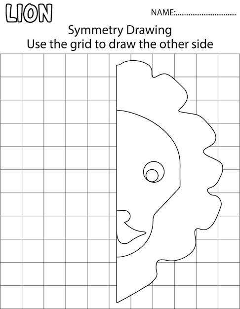 Educational game for kids Simple exercise Lion Drawing using grid Symmetrical drawing Vector