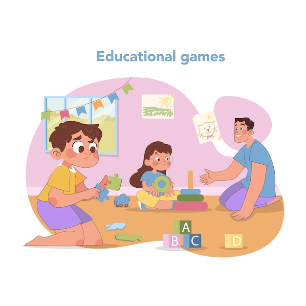 Educational games in kindergarten engaged children and teacher interacting with learning toys