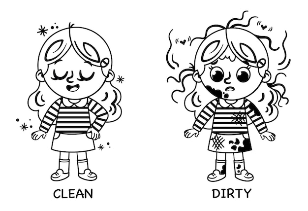 Educational illustration for kids that teaches the opposites of clean and dirty Black and white