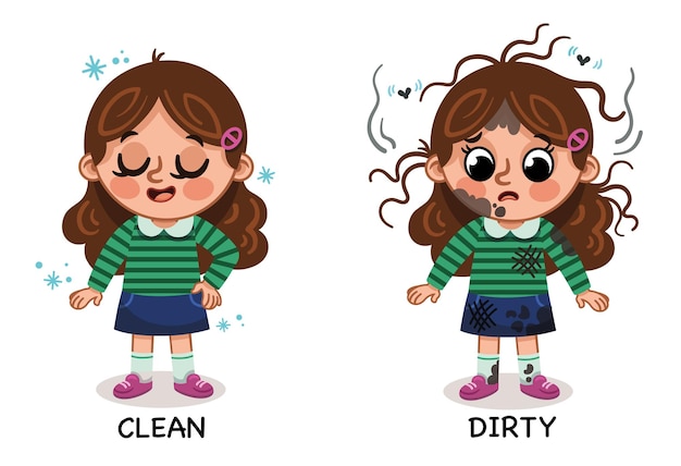 Educational illustration for kids that teaches the opposites of clean and dirty Vector illustration