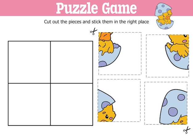 educational kids puzzle game to cut and stick pieces with cartoon duck in shell character