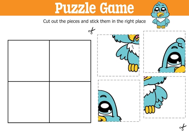 educational kids puzzle game to cut and stick pieces with cartoon sparrow character