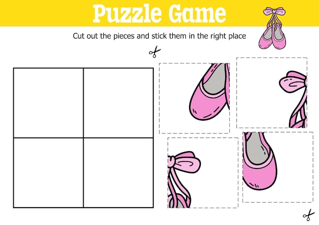 educational kids puzzle game to cut and stick pieces with doodle ballet shoes