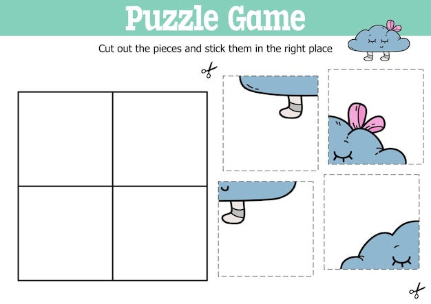 educational kids puzzle game to cut and stick pieces with doodle cloud pillow