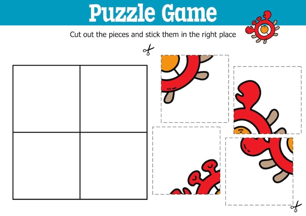 educational kids puzzle game to cut and stick pieces with doodle crab rattle